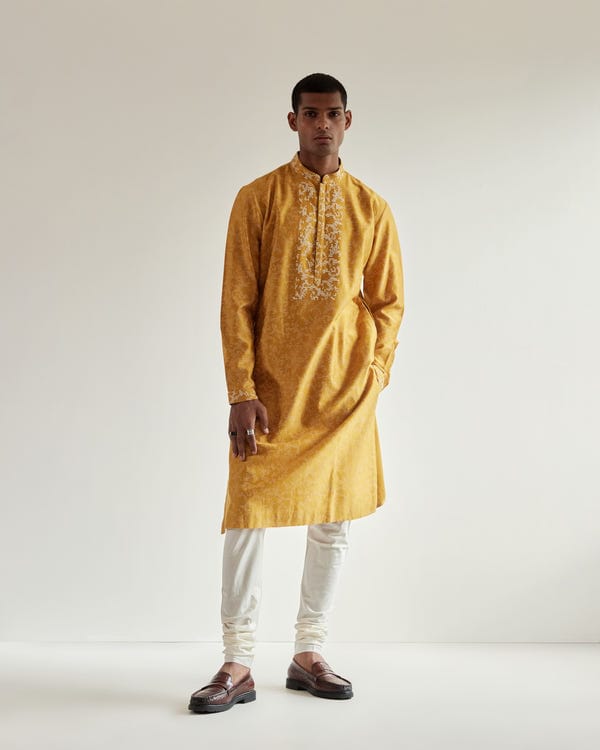 Countrymade India — Camo-Block Print Kurta Set With Embroidered Yoke