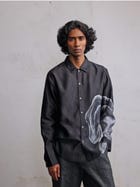 Obscured face printed silk shirt view 1