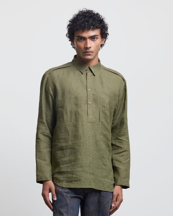 Countrymade India — FAUX BUTTON OLIVE HALF-PLACKET SHIRT