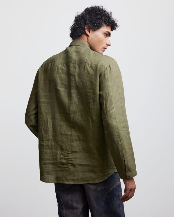 Countrymade India — FAUX BUTTON OLIVE HALF-PLACKET SHIRT