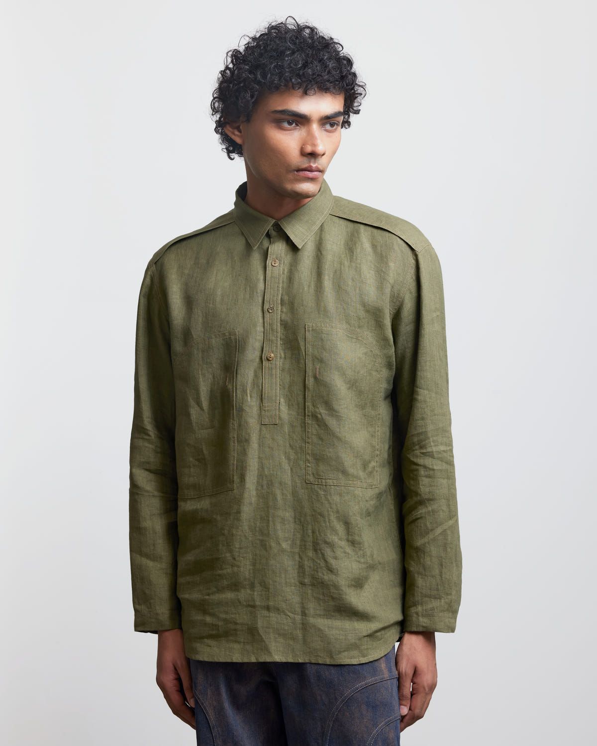 FAUX BUTTON OLIVE HALF-PLACKET SHIRT - image 3