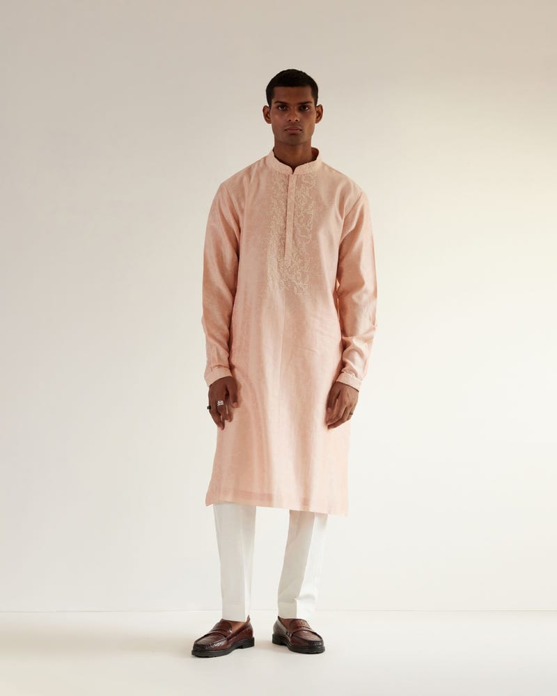 Camo-Block Print Kurta Set With Embroidered Yoke