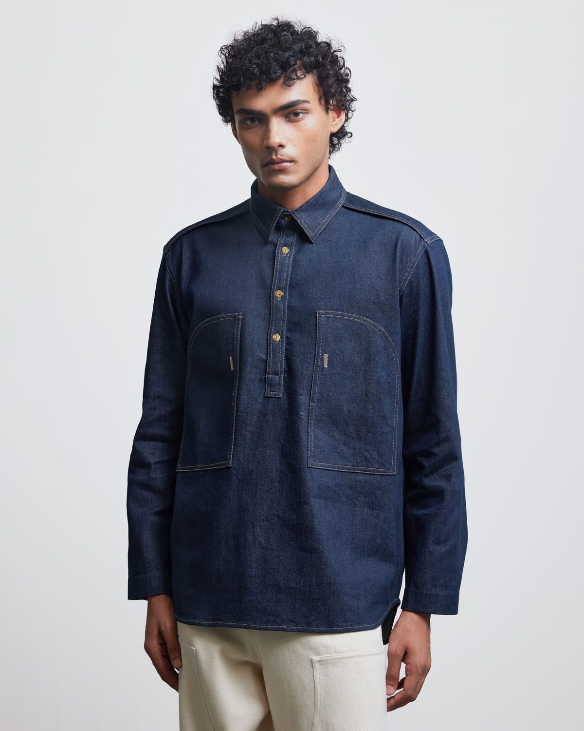FAUX BUTTONHOLE DENIM HALF-PLACKET SHIRT - image 1