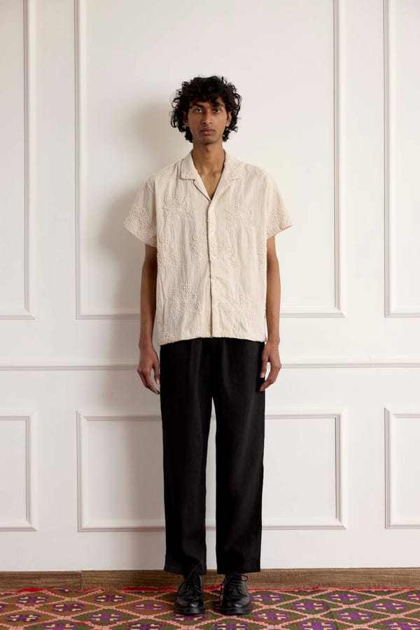 Harago — Embroiderd Cotton Short Sleeve Shirt