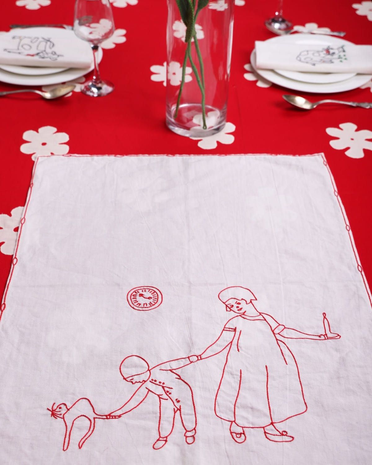 Red Work Embroidered Tea Towel  - image 1