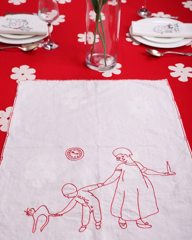 Red Work Embroidered Tea Towel 
