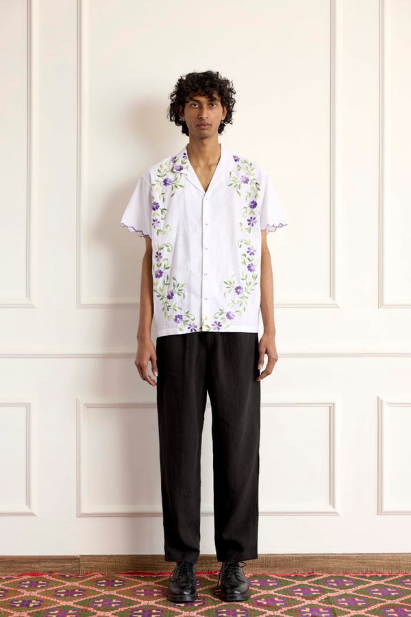 Harago — Purple Flower Embroidered Shirt