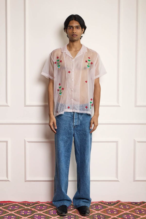 Harago — Sheer Floral Embroidered Shirt