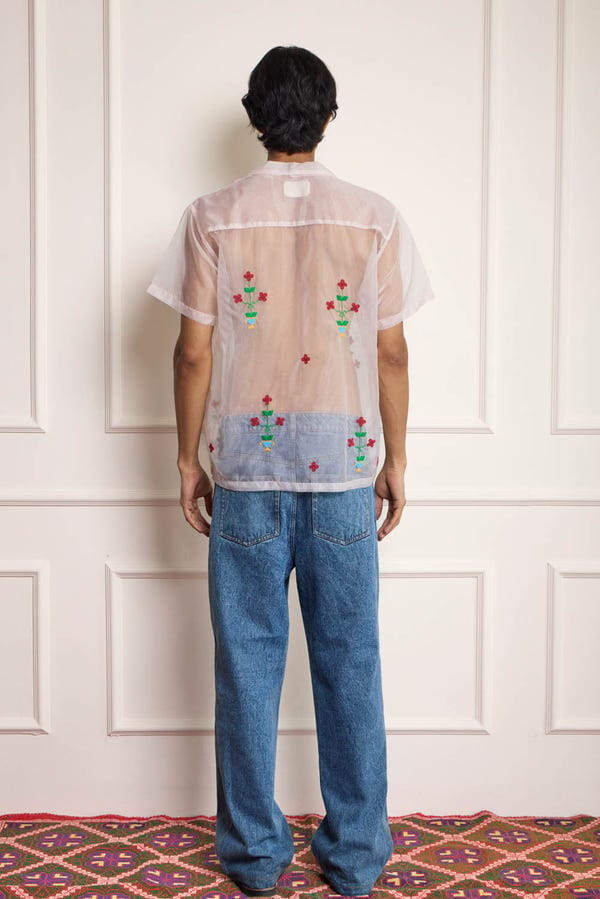 Harago — Sheer Floral Embroidered Shirt