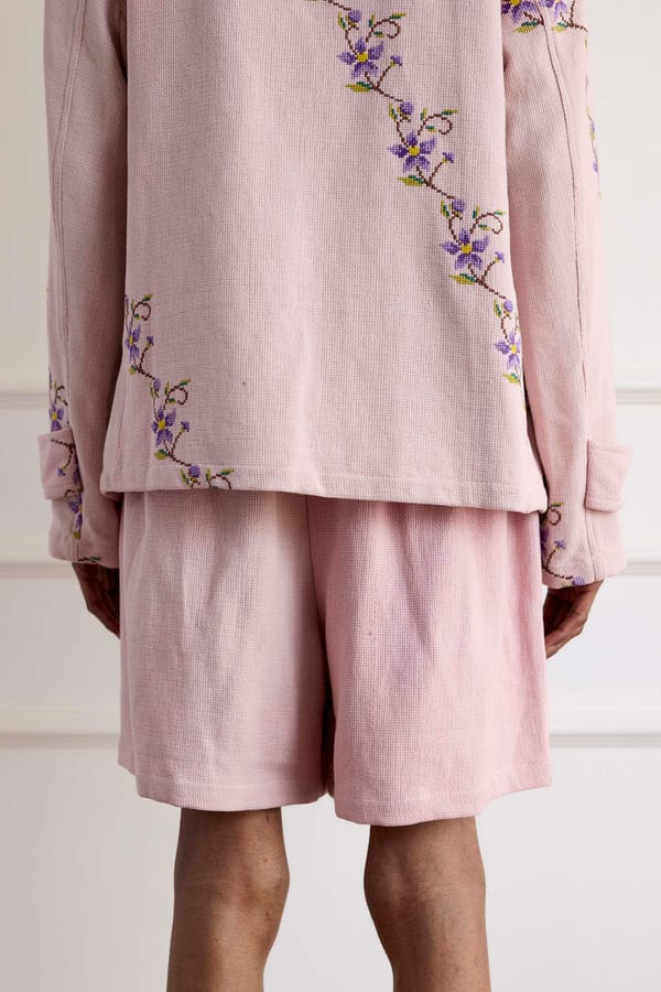 Harago — Vintage Floral Cross-Stitch Cotton Shorts