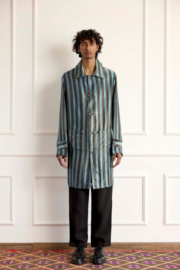 Harago — Striped Silk Long Blouson