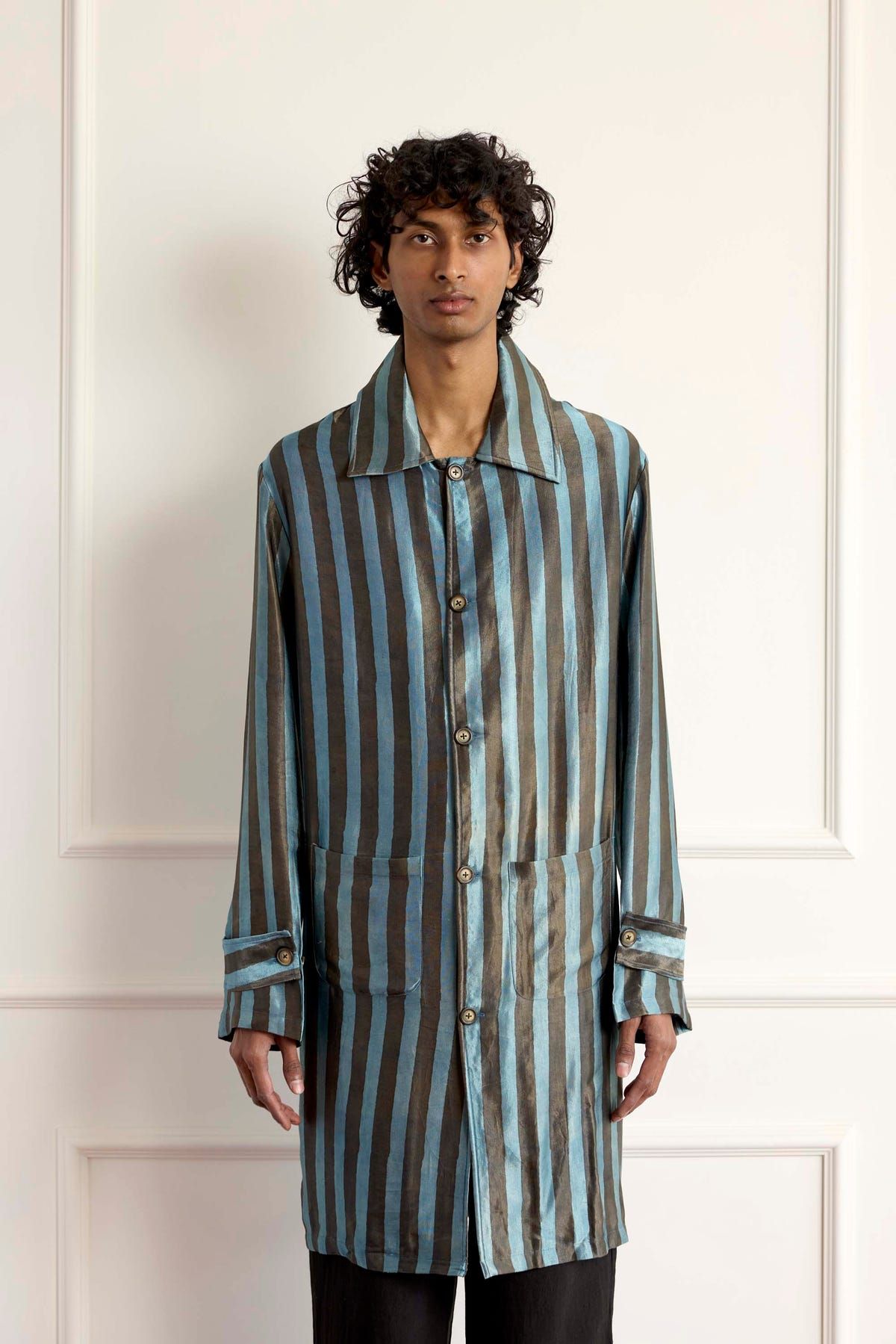 Striped Silk Long Blouson - image 3