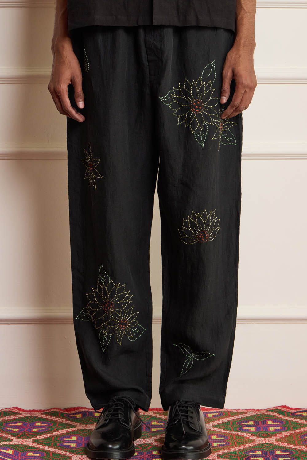 Black Kantha Embroidered Pants - image 1
