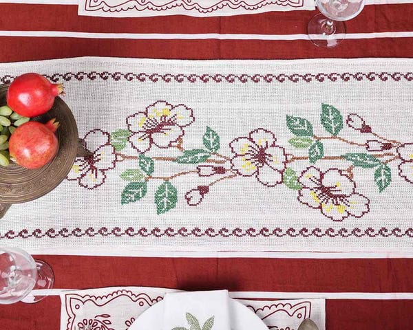 Harago — Floral Cross Stitch Embroidered Table Runner