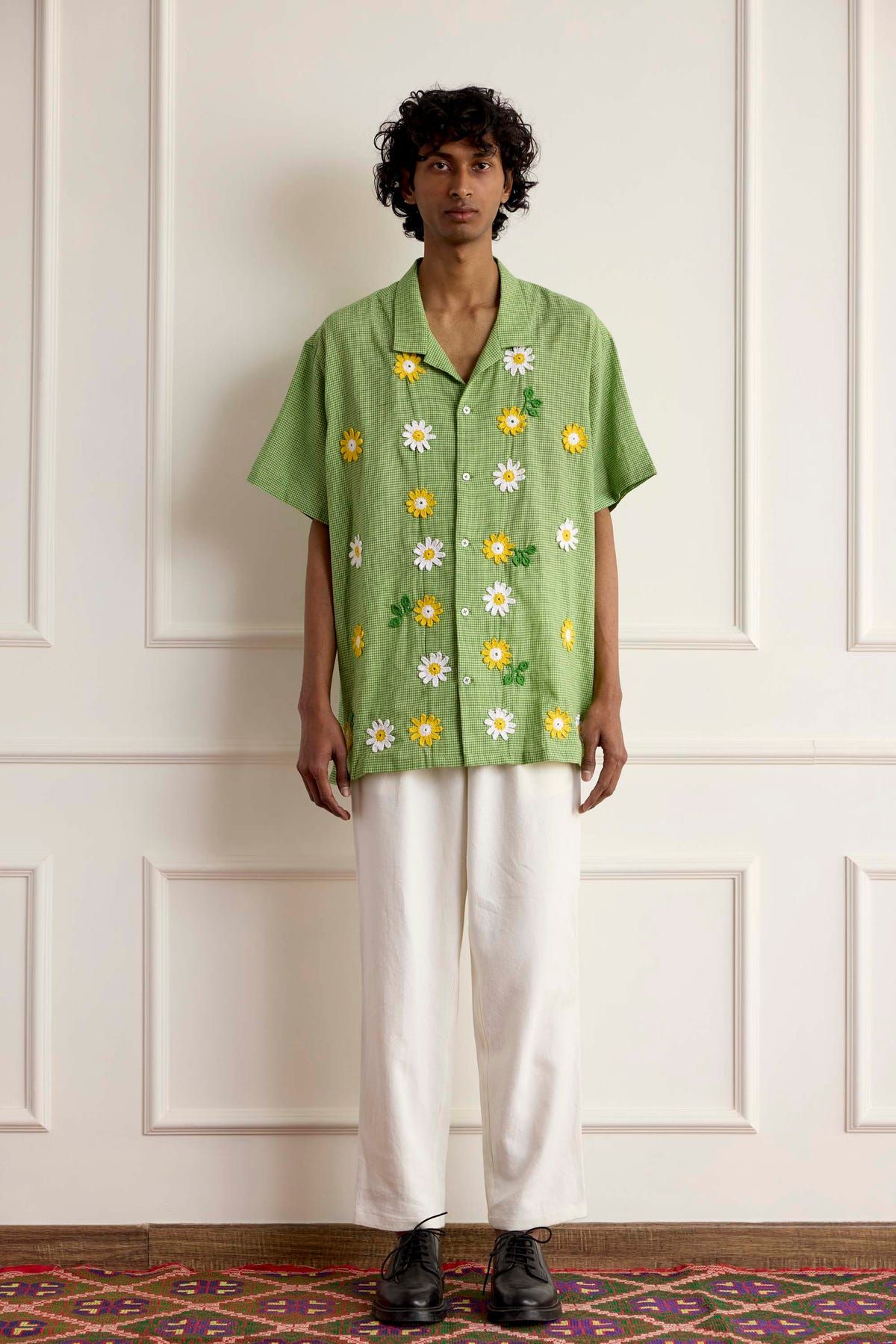 Crochet Floral Checkered Cotton Shirt - image 1