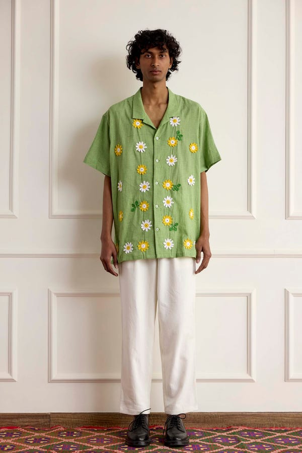 Harago — Crochet Floral Checkered Cotton Shirt