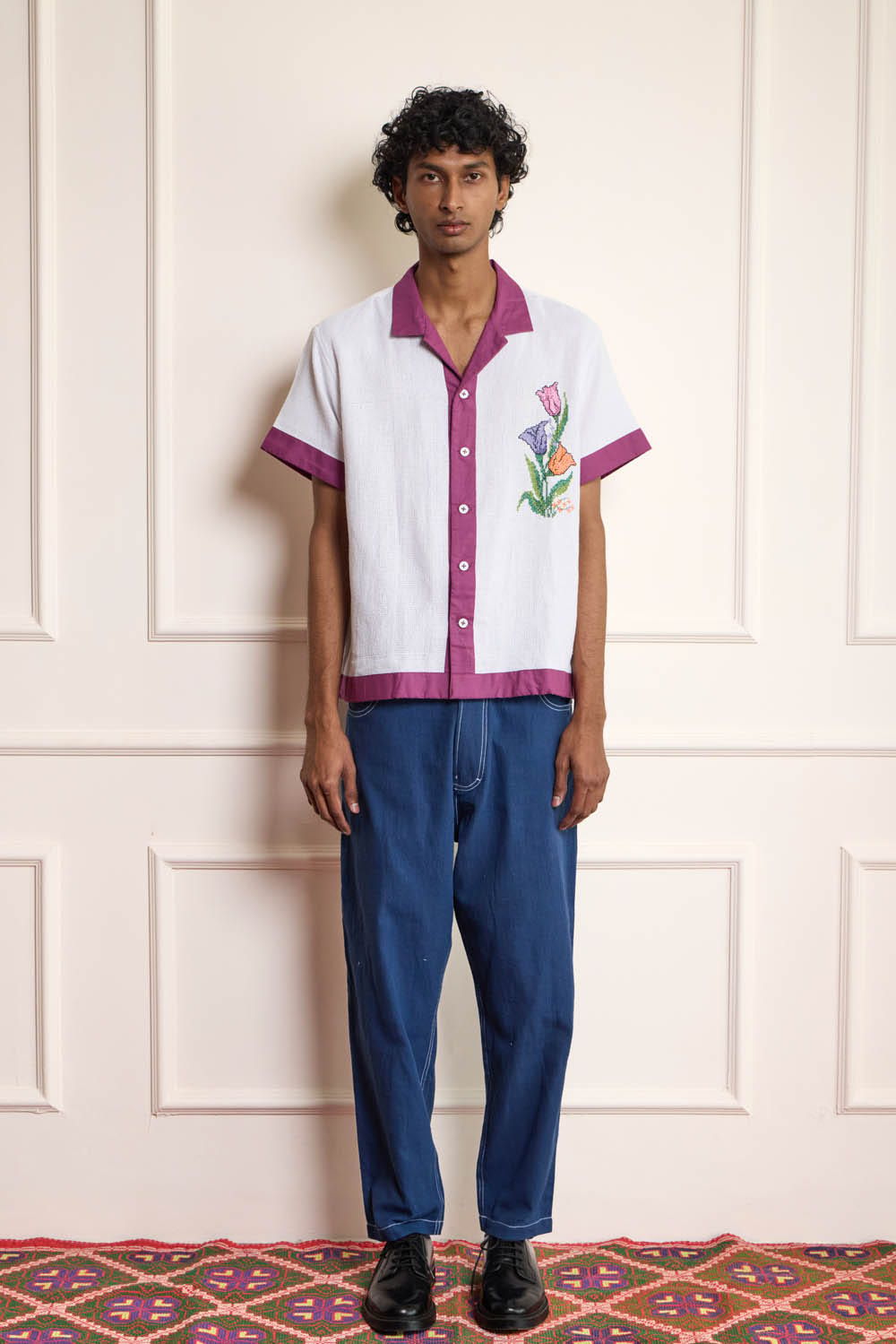 Floral Cross Stitch Embroidered Shirt - image 1