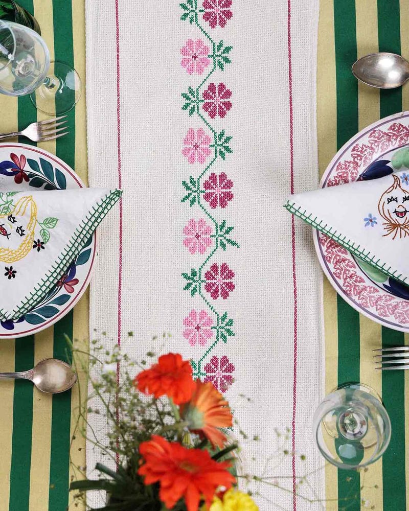 Pink Cross-Stitch Embroidered Table Runner