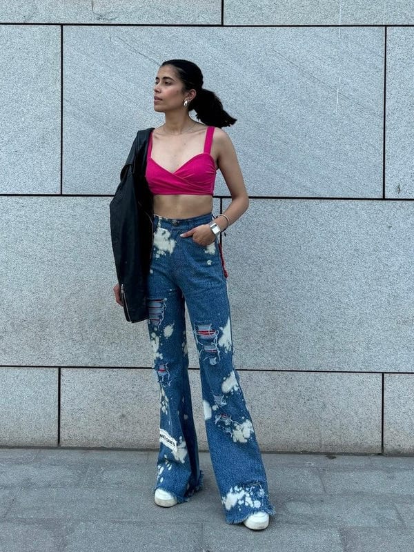 Inner Saints — WOMEN RUGGED ACID WASH RED PATCHWORK  HIGH WAIST JEANS