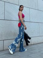 WOMEN RUGGED ACID WASH RED PATCHWORK  HIGH WAIST JEANS view 2