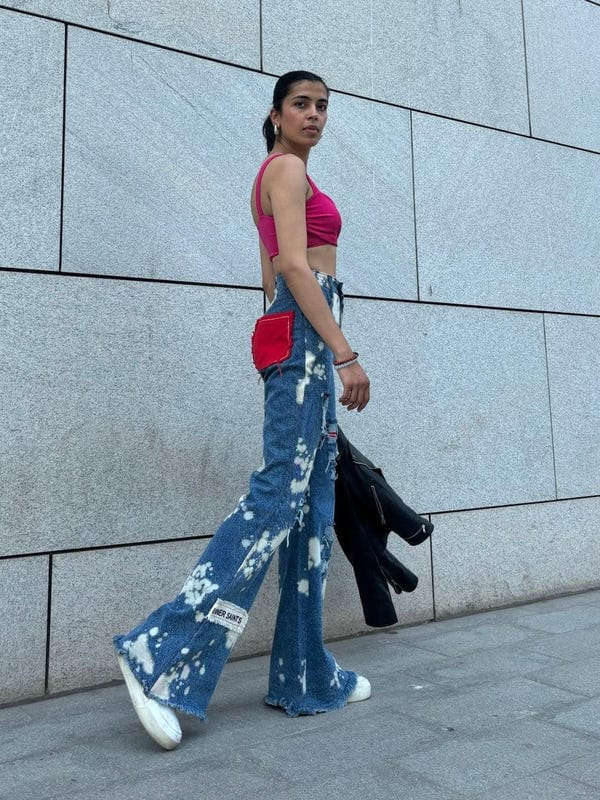 Inner Saints — WOMEN RUGGED ACID WASH RED PATCHWORK  HIGH WAIST JEANS