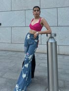 WOMEN RUGGED ACID WASH RED PATCHWORK  HIGH WAIST JEANS view 3
