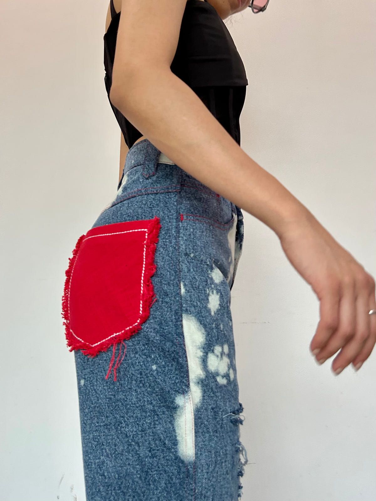 WOMEN RUGGED ACID WASH RED PATCHWORK  HIGH WAIST JEANS - image 4