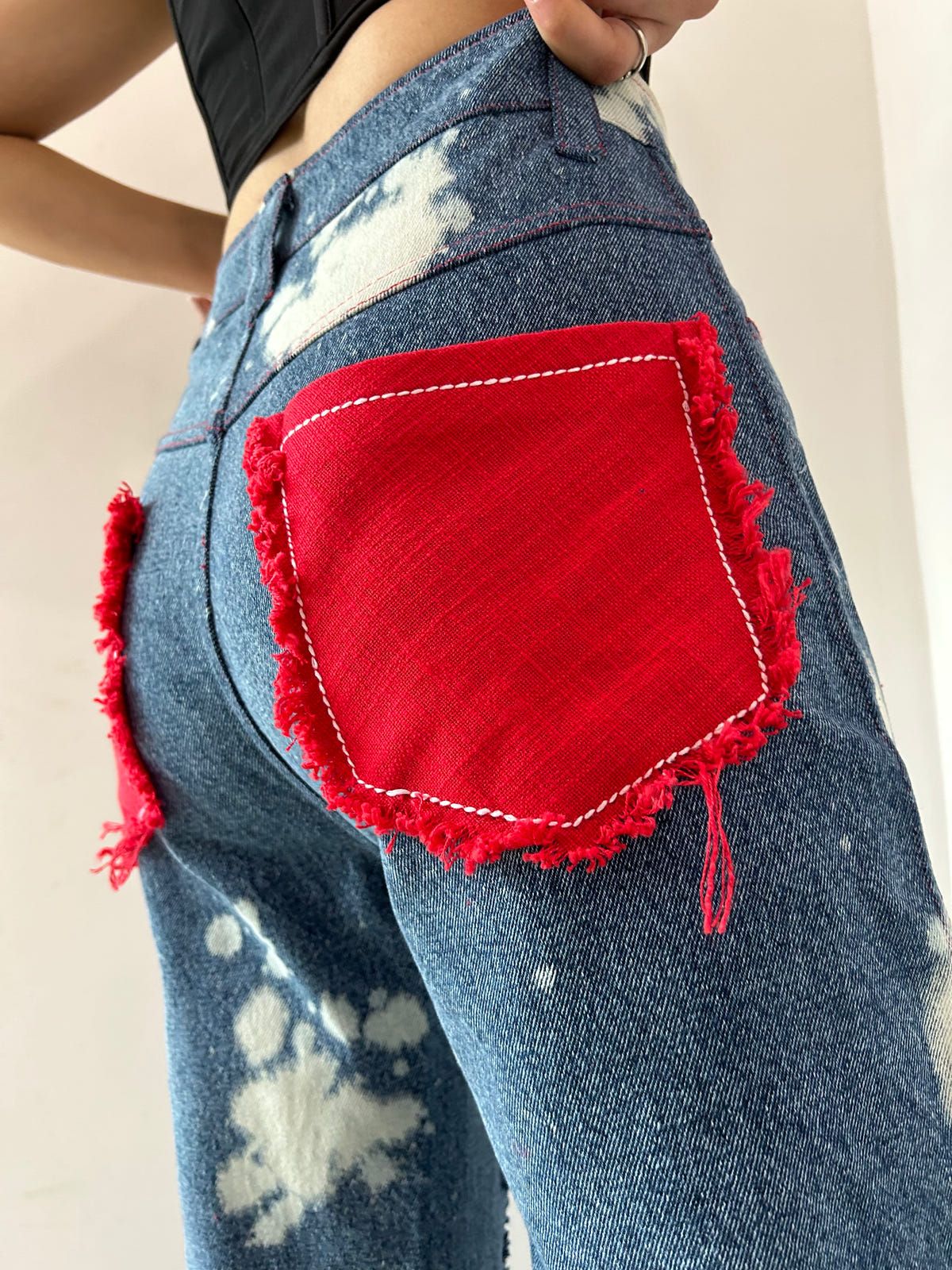 WOMEN RUGGED ACID WASH RED PATCHWORK  HIGH WAIST JEANS - image 5