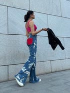 WOMEN RUGGED ACID WASH RED PATCHWORK  HIGH WAIST JEANS view 6
