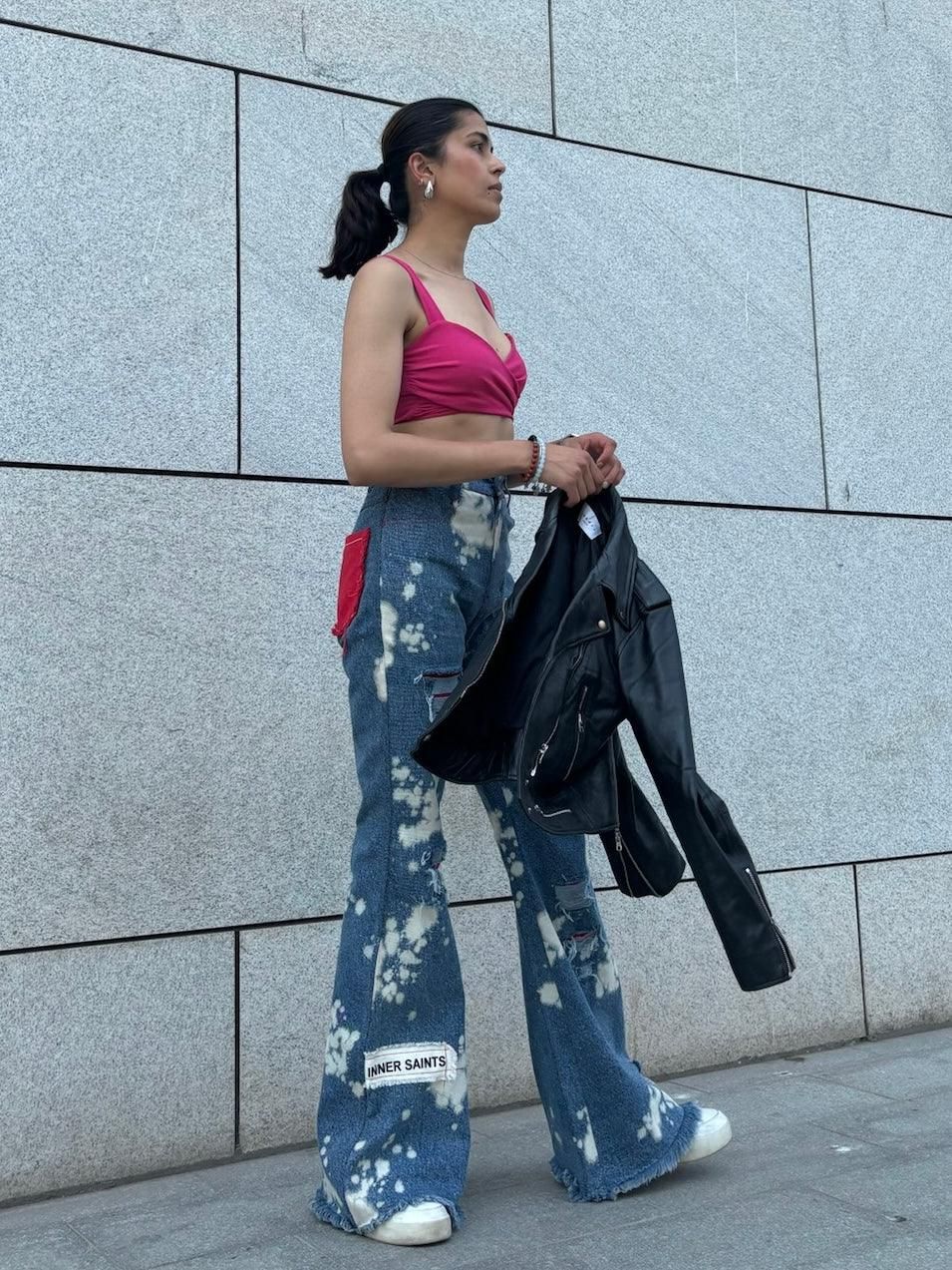 WOMEN RUGGED ACID WASH RED PATCHWORK  HIGH WAIST JEANS - image 7
