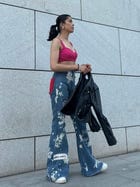 WOMEN RUGGED ACID WASH RED PATCHWORK  HIGH WAIST JEANS view 7