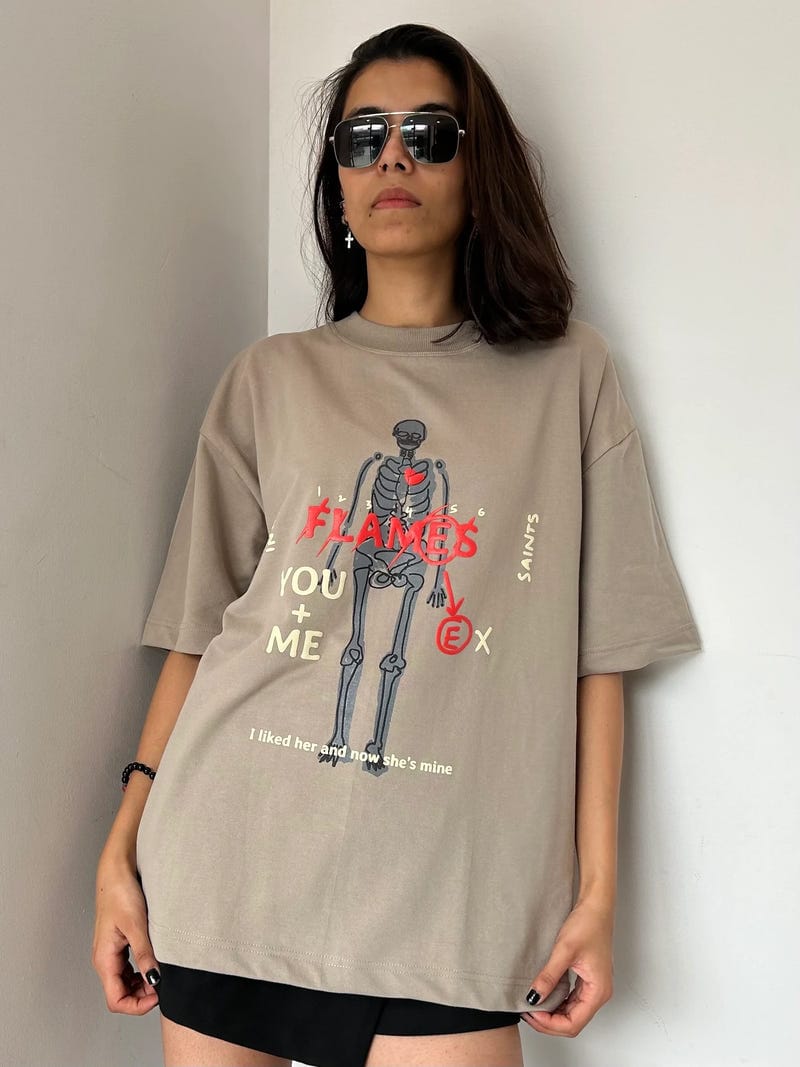 Flames Dusty Beige Oversized T-Shirt