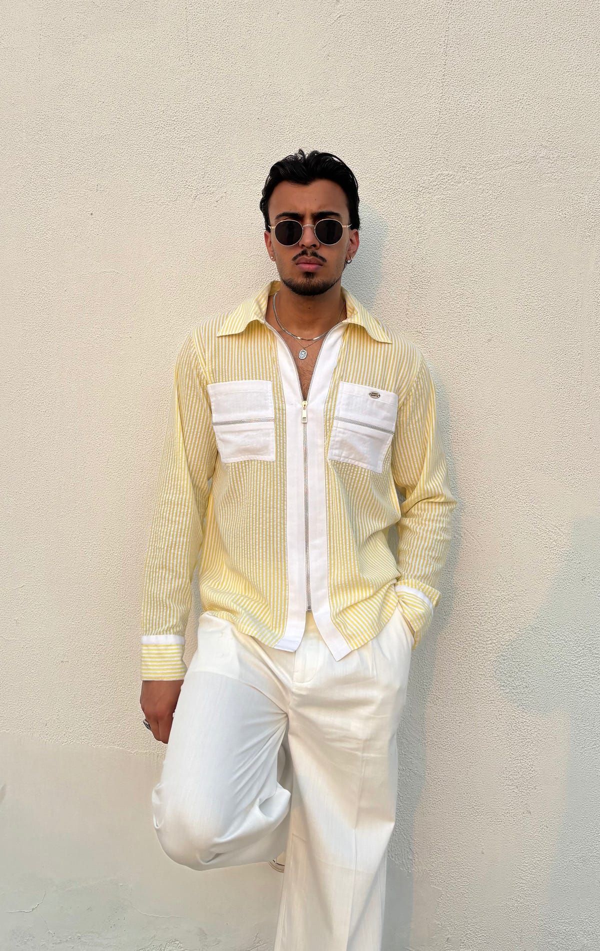 Yellow Stripe Shirt & White Pants Set - image 1