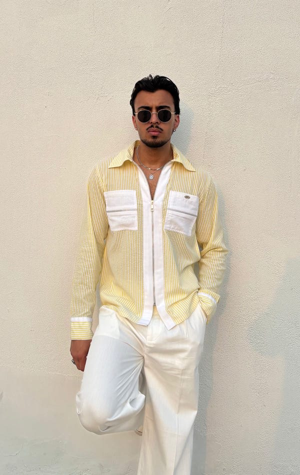 Inner Saints — Yellow Stripe Shirt & White Pants Set