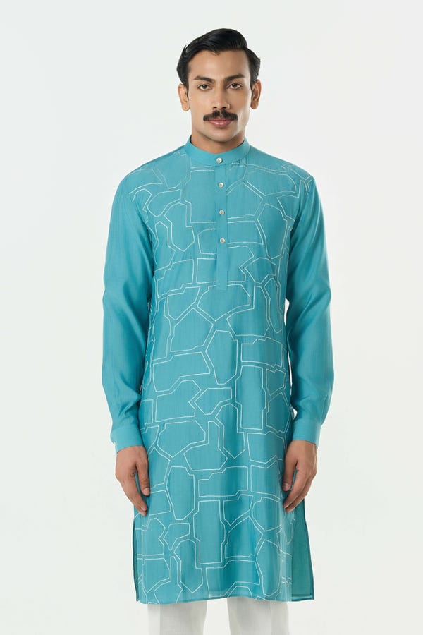 Line out Line — Geo Block Kurta - Teal Blue