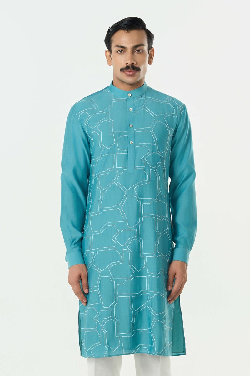 Geo Block Kurta - Teal Blue