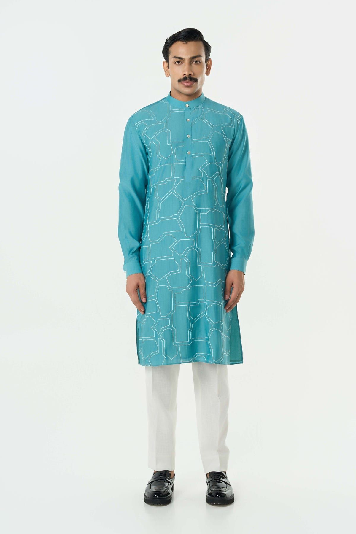 Geo Block Kurta - Teal Blue - image 3