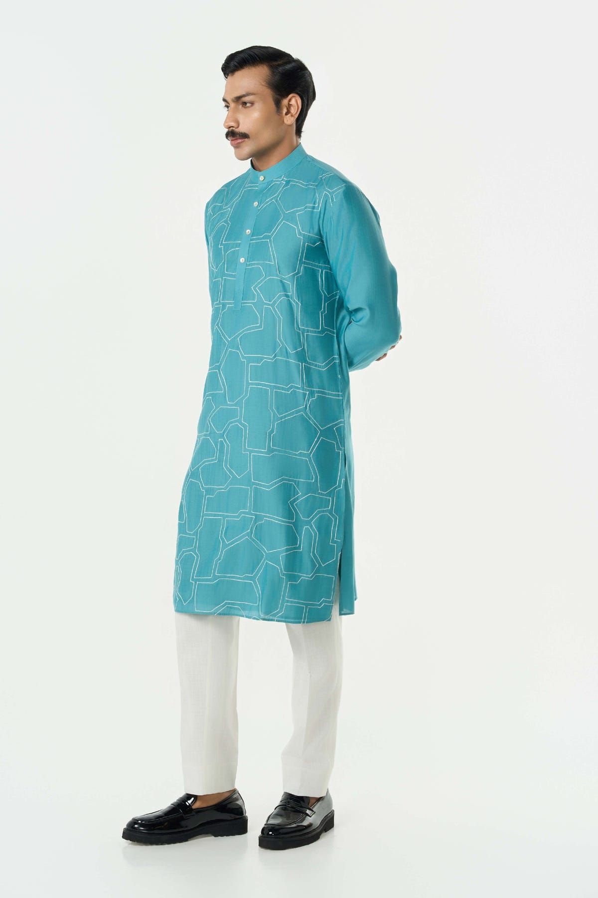 Geo Block Kurta - Teal Blue - image 5