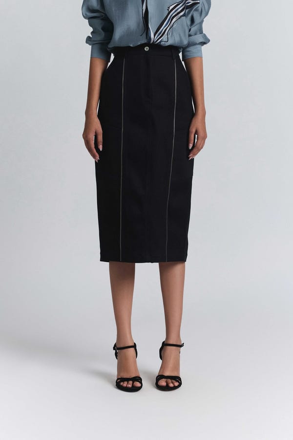 Line out Line — Torque Denim Midi Skirt