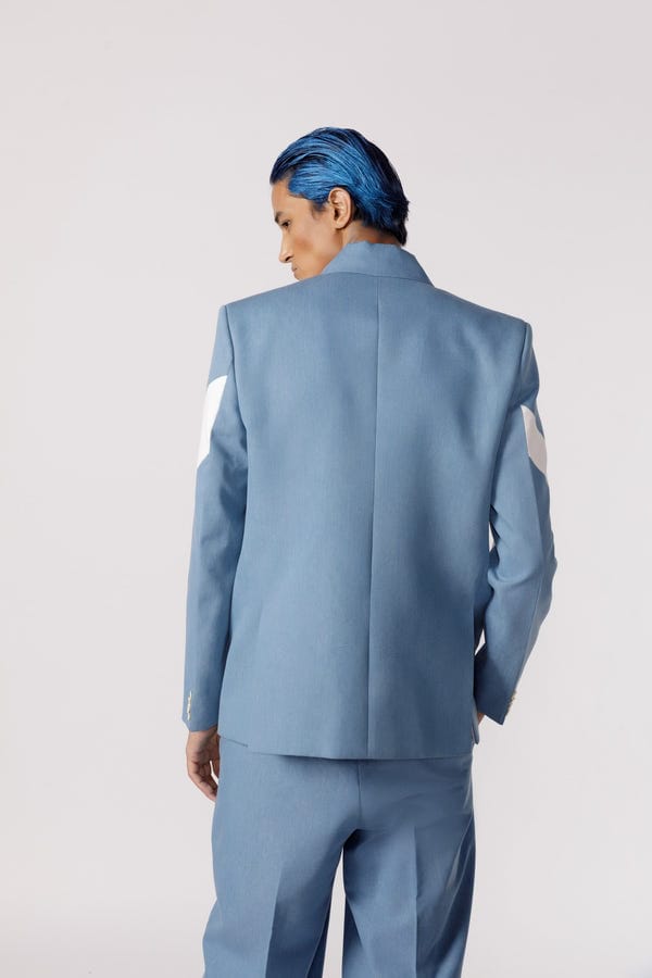 Line out Line — Denim panelled duo tone blazer