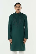 Geo Frame Kurta - Bottle Green view 1