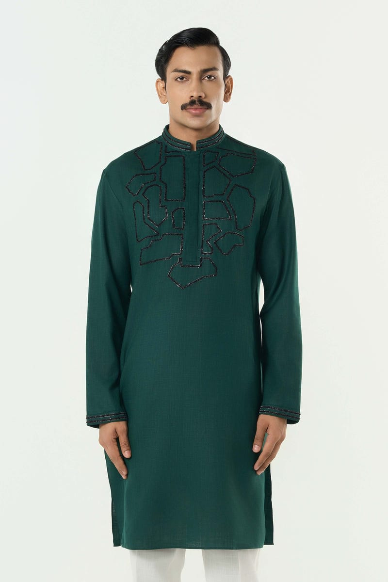 Geo Frame Kurta - Bottle Green