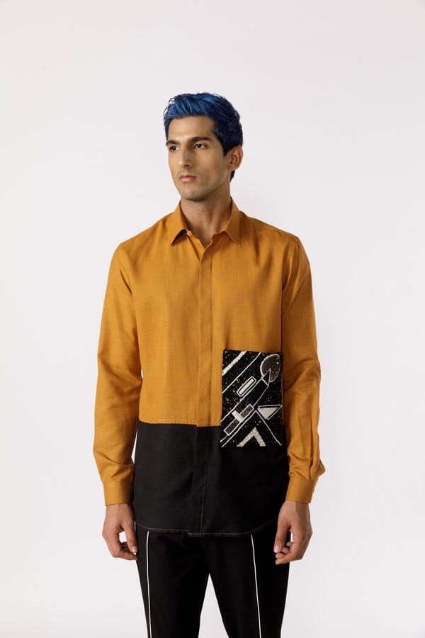 Line out Line — Geometric harmony embroidered patchpocket shirt