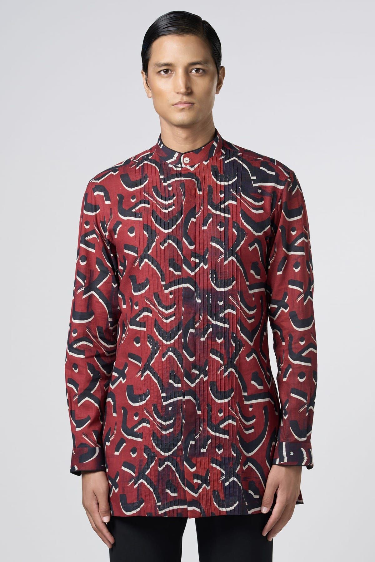 Red Stucco Pin Tuck Kurta - image 1