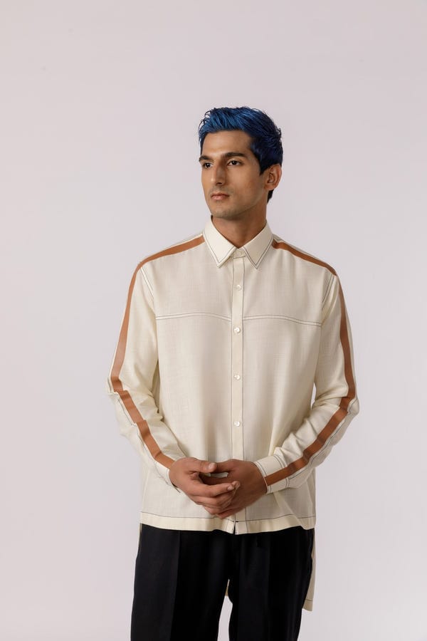 Line out Line — Leather accent high - low shirt