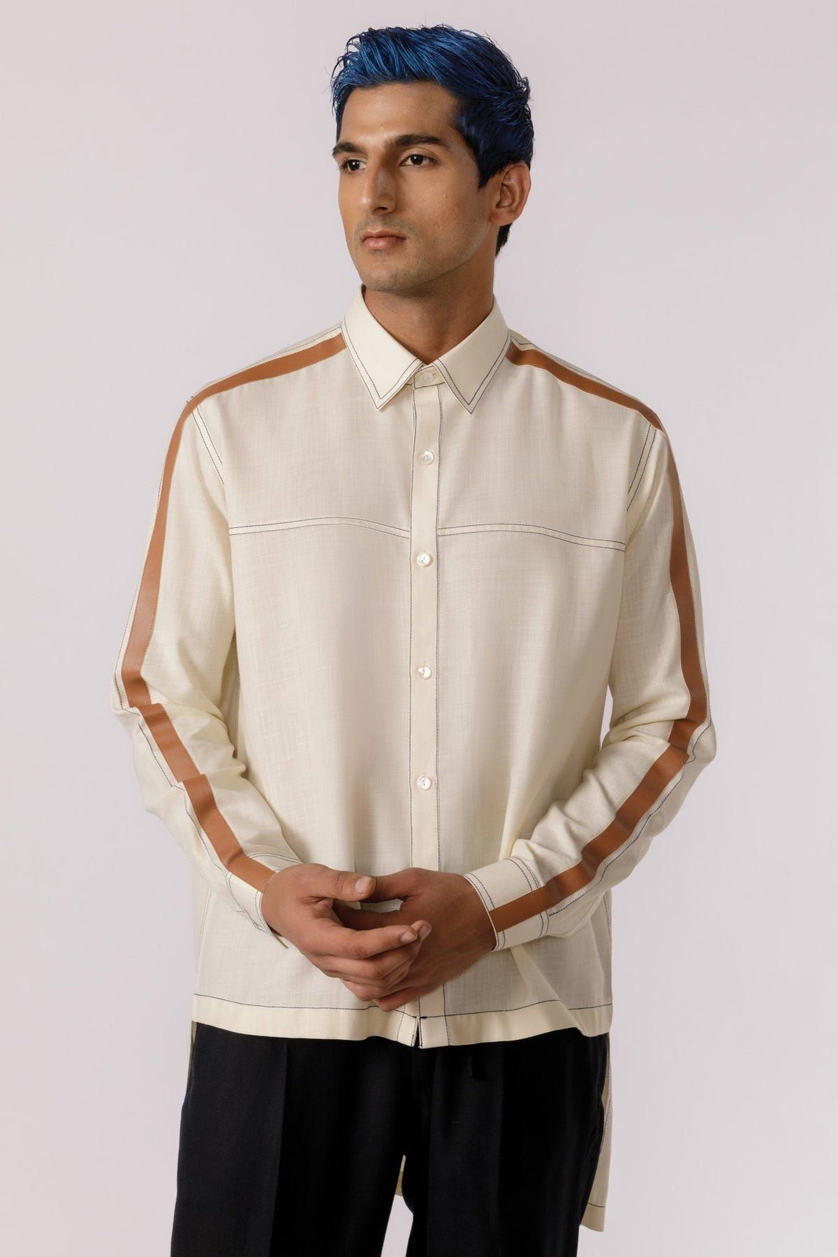 Leather accent high - low shirt - image 2