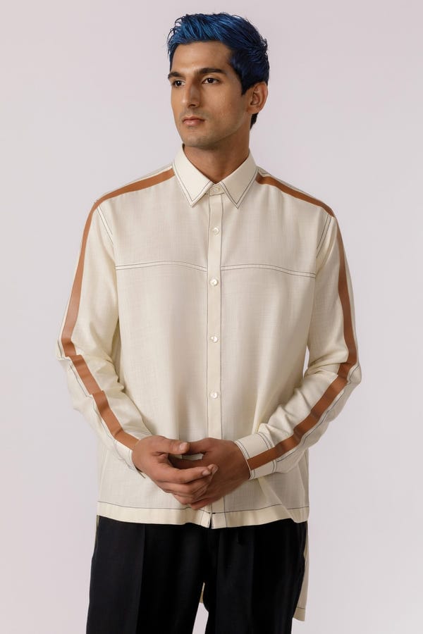 Line out Line — Leather accent high - low shirt
