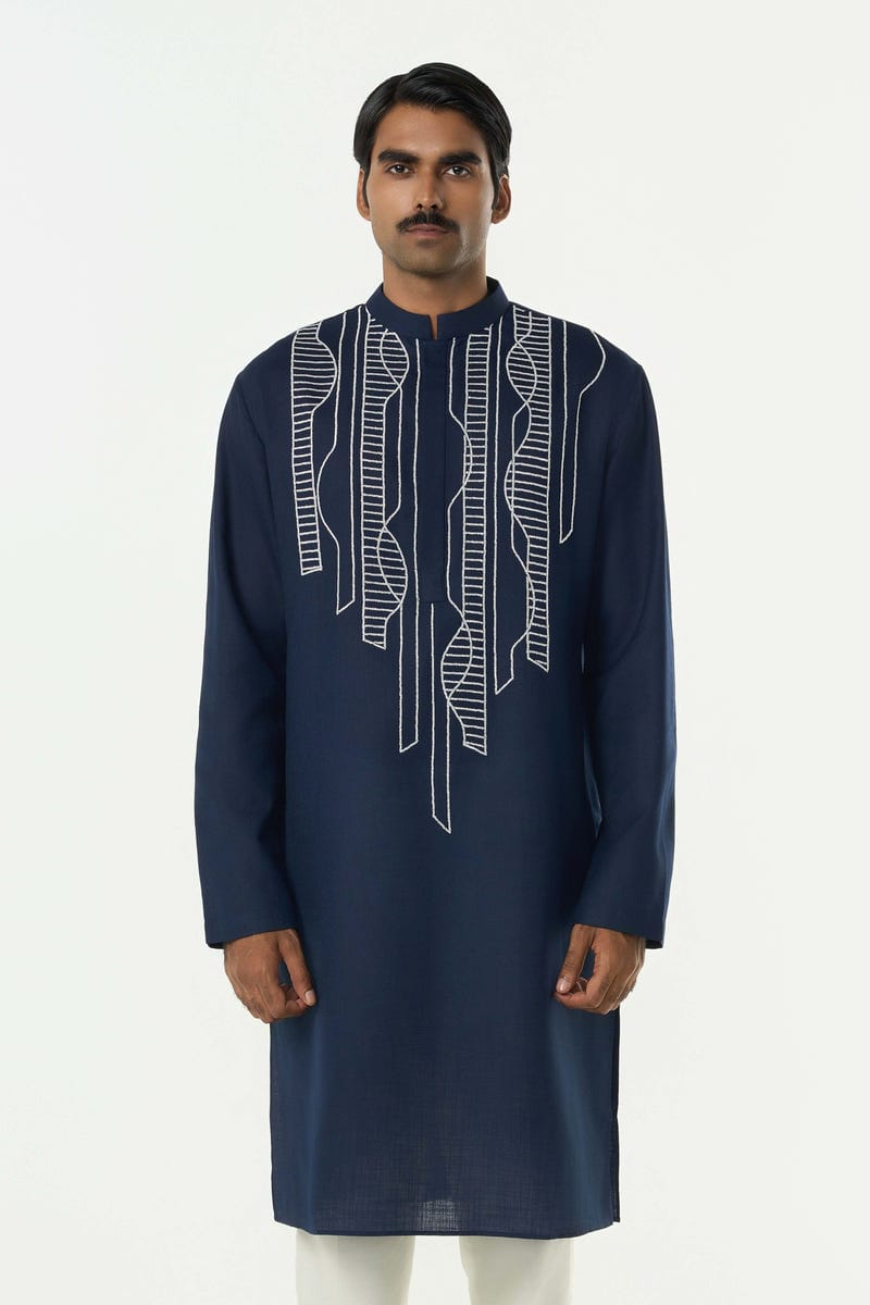 Grill Grid Kurta - Navy Blue
