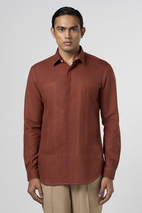 Line out Line — Rust Contrast Stitch Shirt
