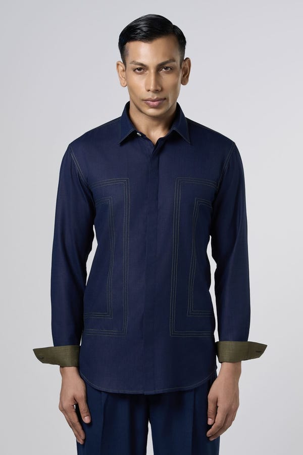 Line out Line — Navy Blue Contrast Stitch  Shirt